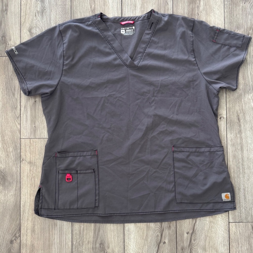 Carhartt Force Women's Gray Modern Fit Scrub Top V Neck Short Sleeve Size 2XL - Picture 2 of 8